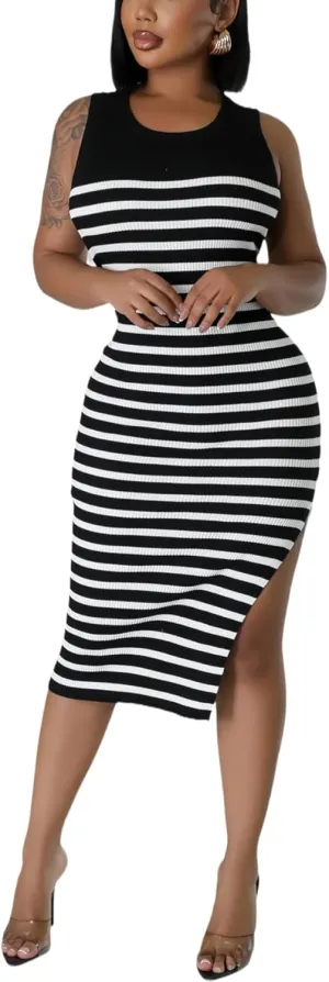 Women's Casual Ribbed Knit Bodycon Tank Dress Round Neck Sleeveless Slit Midi Dresses