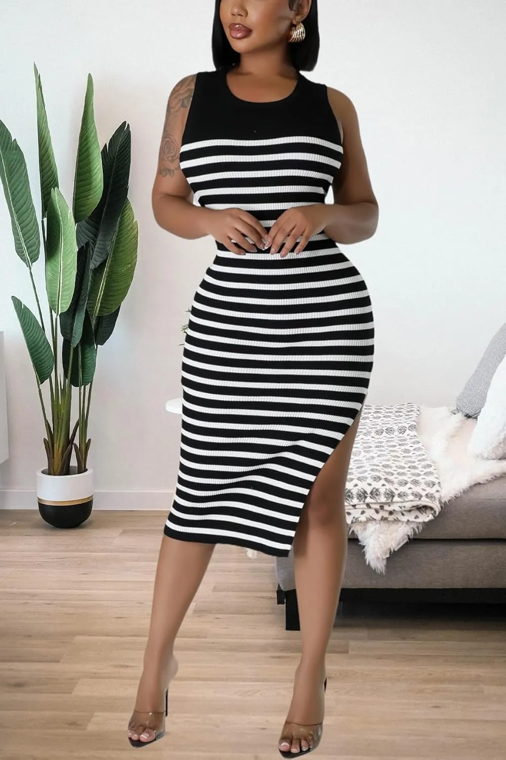 Women's Casual Ribbed Knit Bodycon Tank Dress Round Neck Sleeveless Slit Midi Dresses
