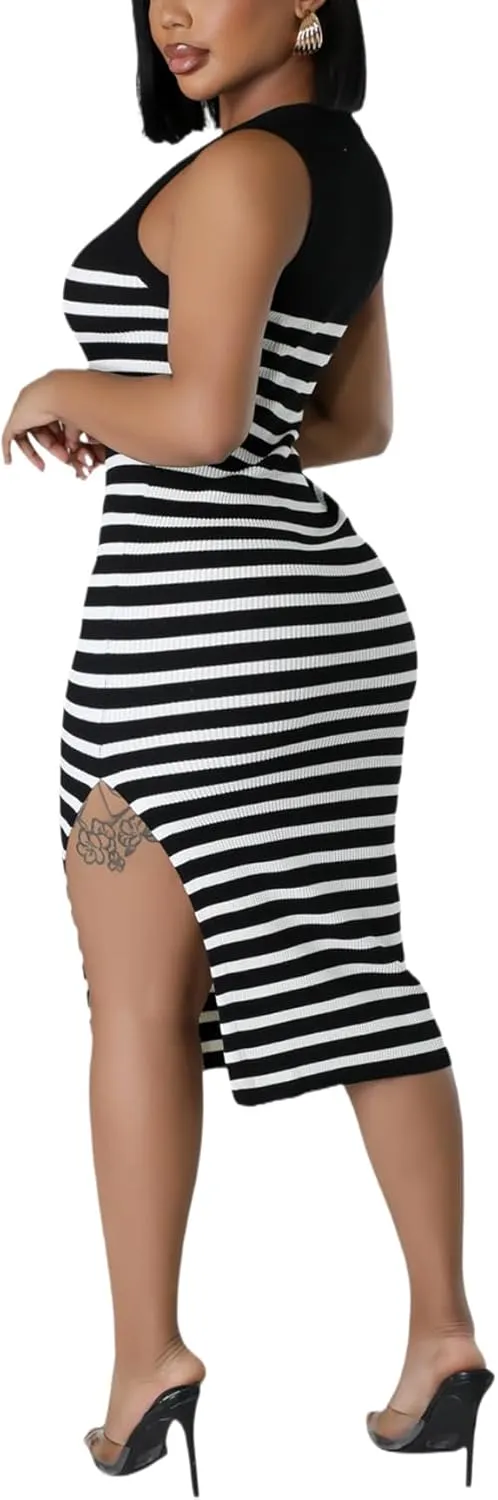 Women's Casual Ribbed Knit Bodycon Tank Dress Round Neck Sleeveless Slit Midi Dresses