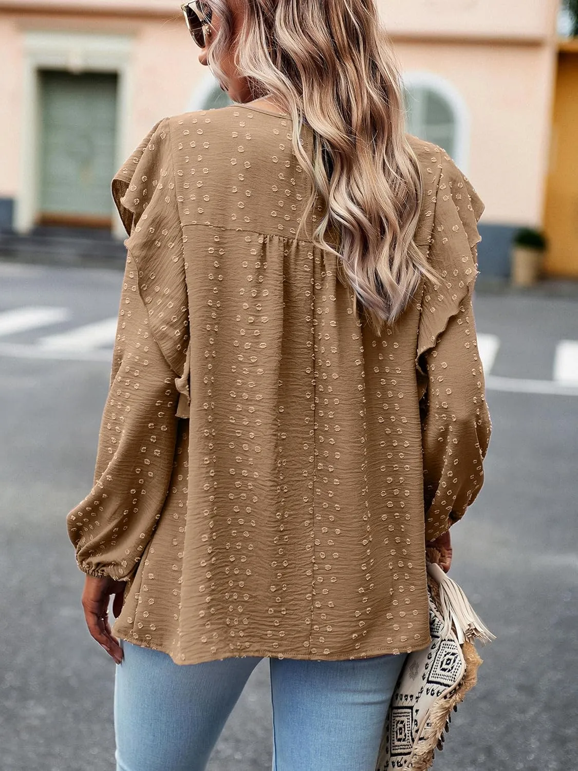 Women's Casual Tops Crewneck Lace Crochet Flowy Ruffle Shoulder Long Sleeve Blouses Shirts