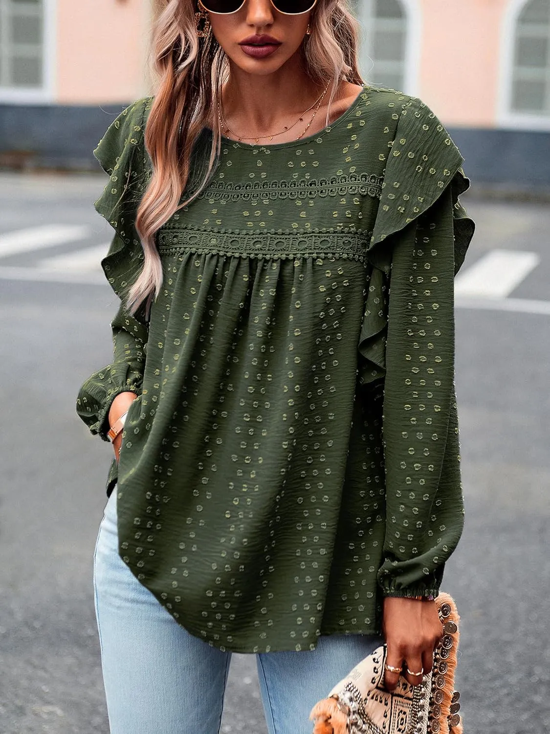 Women's Casual Tops Crewneck Lace Crochet Flowy Ruffle Shoulder Long Sleeve Blouses Shirts