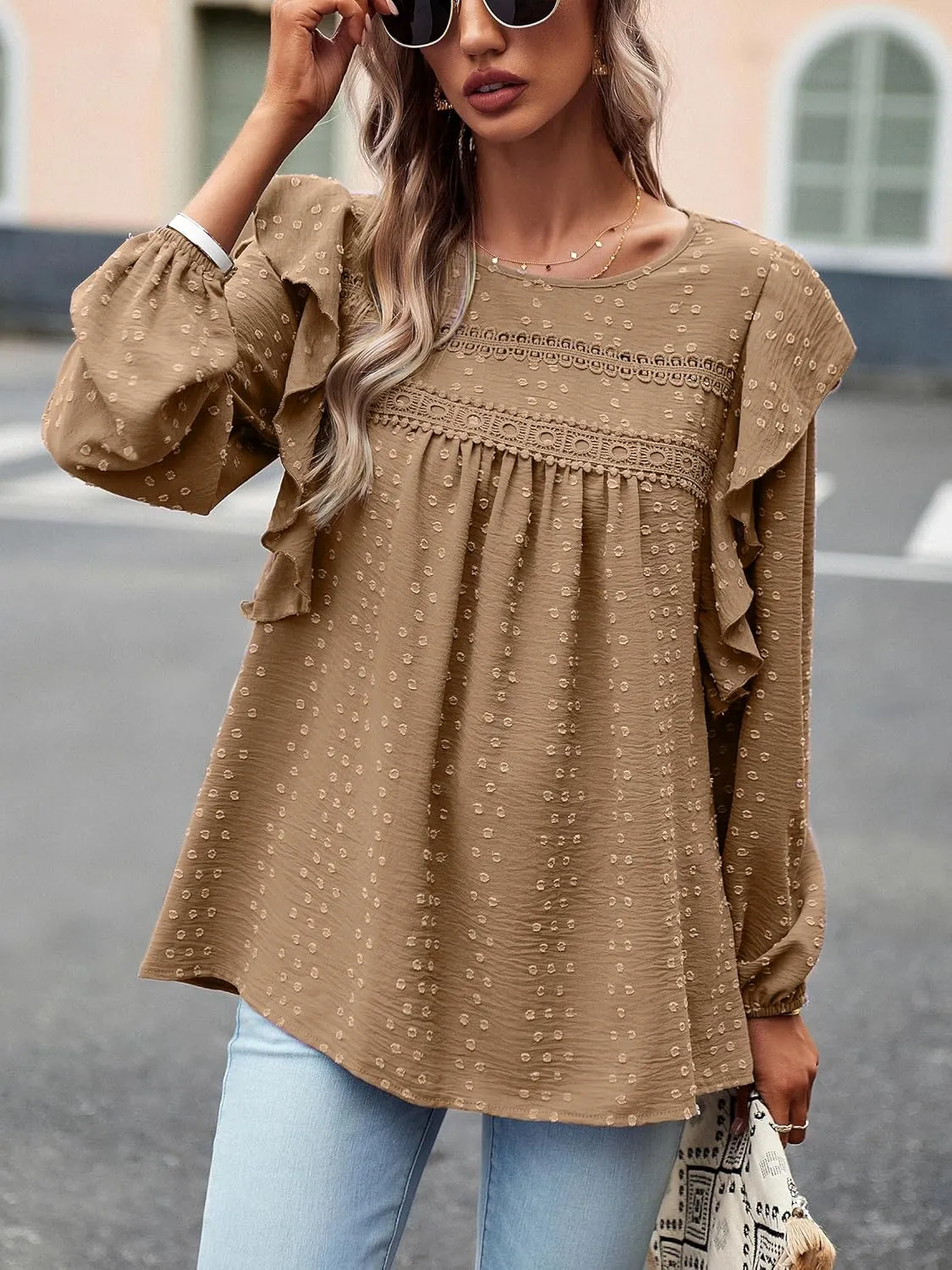 Women's Casual Tops Crewneck Lace Crochet Flowy Ruffle Shoulder Long Sleeve Blouses Shirts
