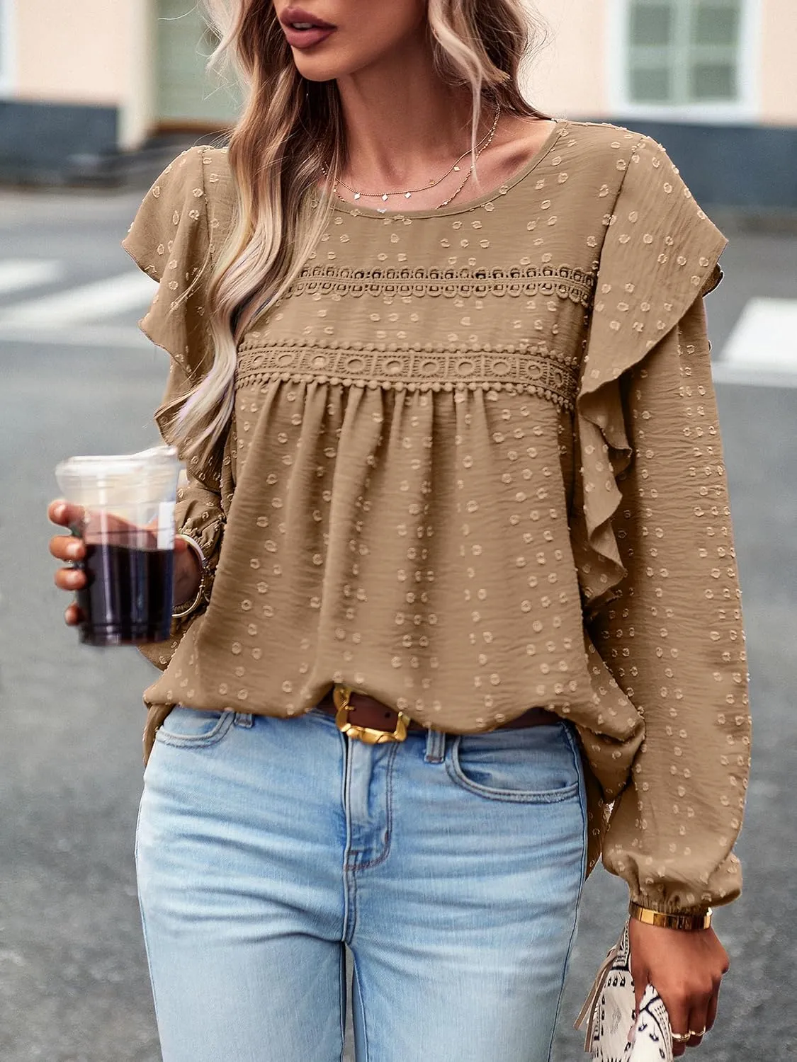 Women's Casual Tops Crewneck Lace Crochet Flowy Ruffle Shoulder Long Sleeve Blouses Shirts