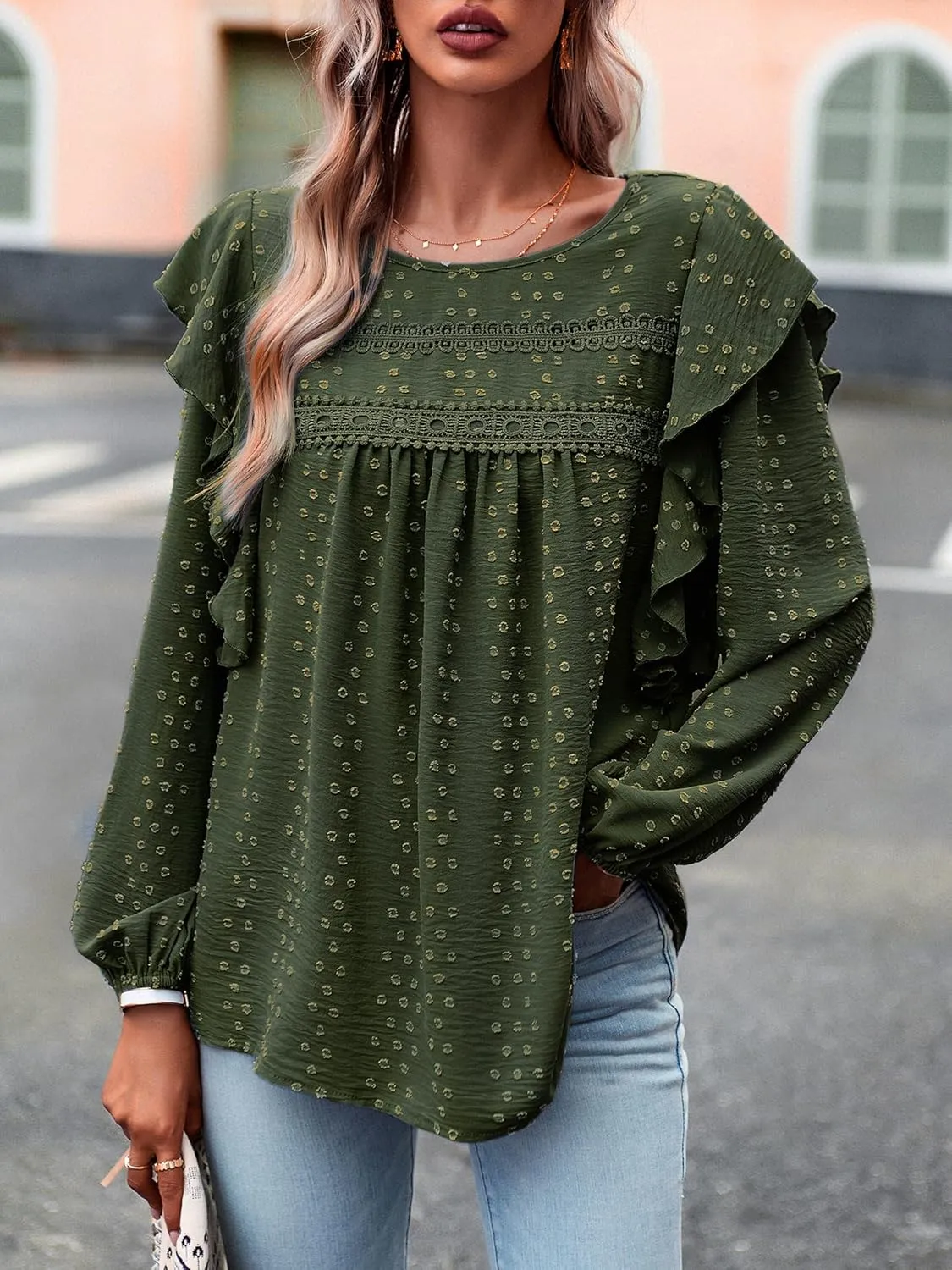 Women's Casual Tops Crewneck Lace Crochet Flowy Ruffle Shoulder Long Sleeve Blouses Shirts