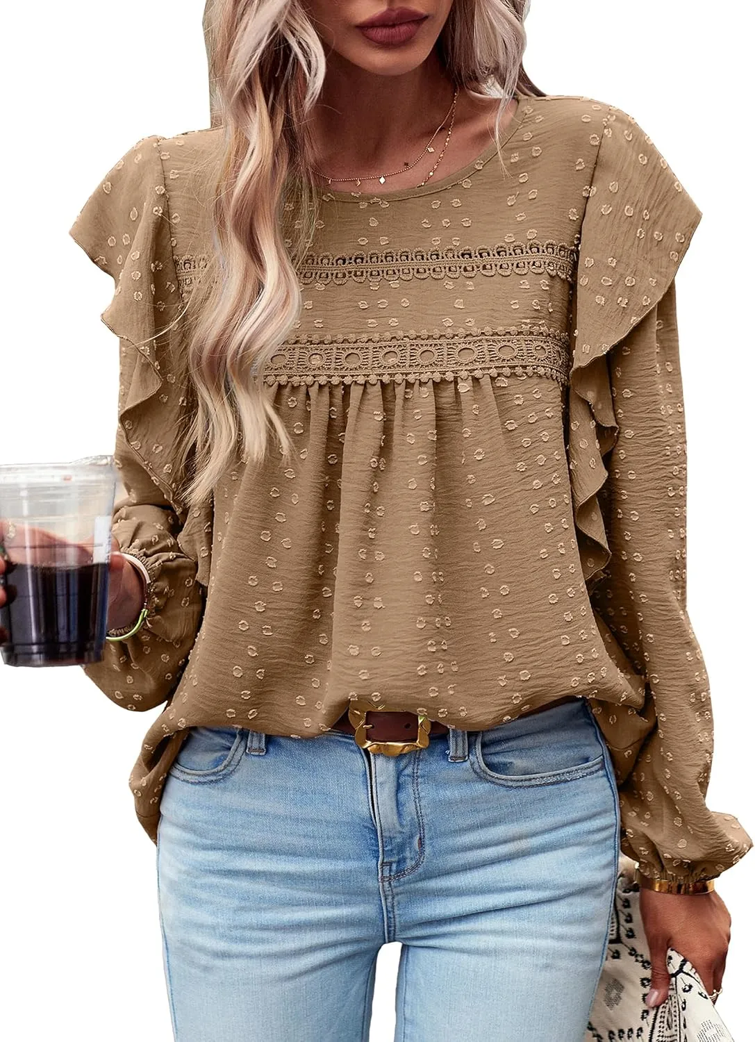 Women's Casual Tops Crewneck Lace Crochet Flowy Ruffle Shoulder Long Sleeve Blouses Shirts