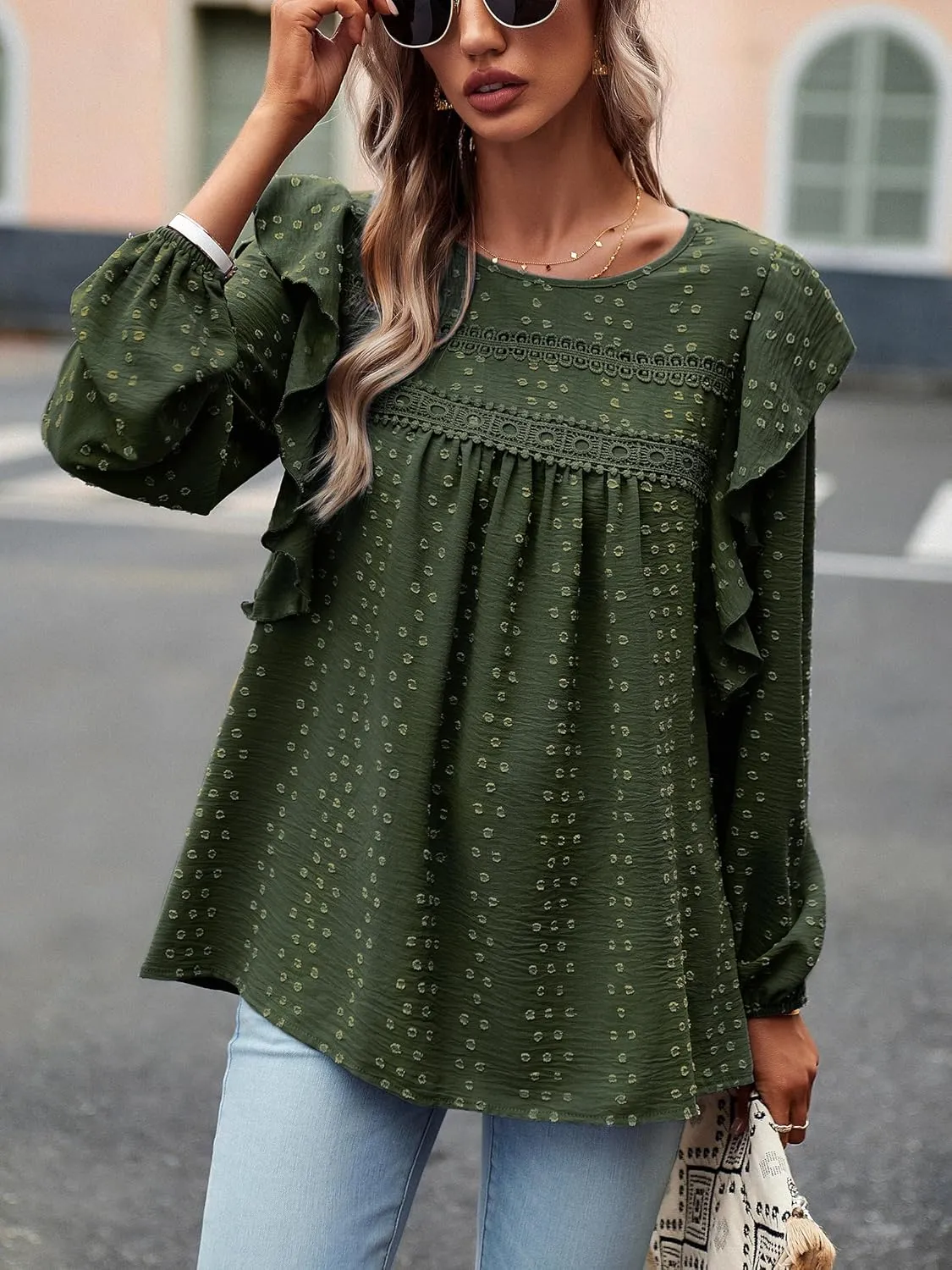 Women's Casual Tops Crewneck Lace Crochet Flowy Ruffle Shoulder Long Sleeve Blouses Shirts