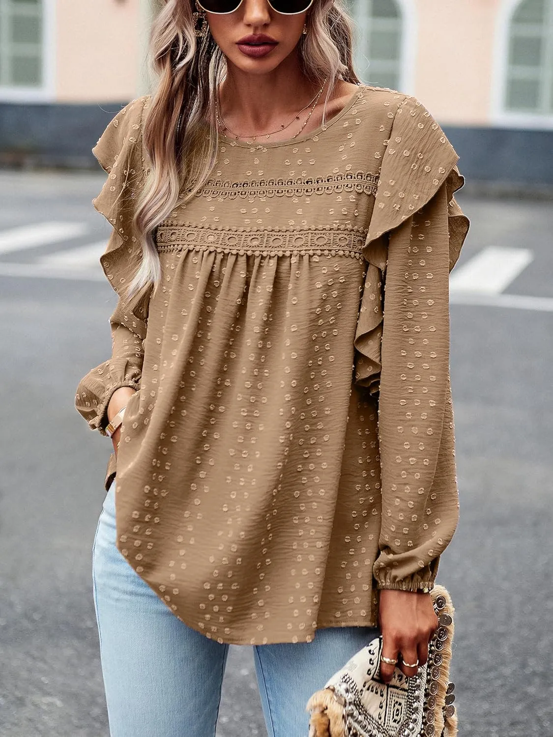 Women's Casual Tops Crewneck Lace Crochet Flowy Ruffle Shoulder Long Sleeve Blouses Shirts