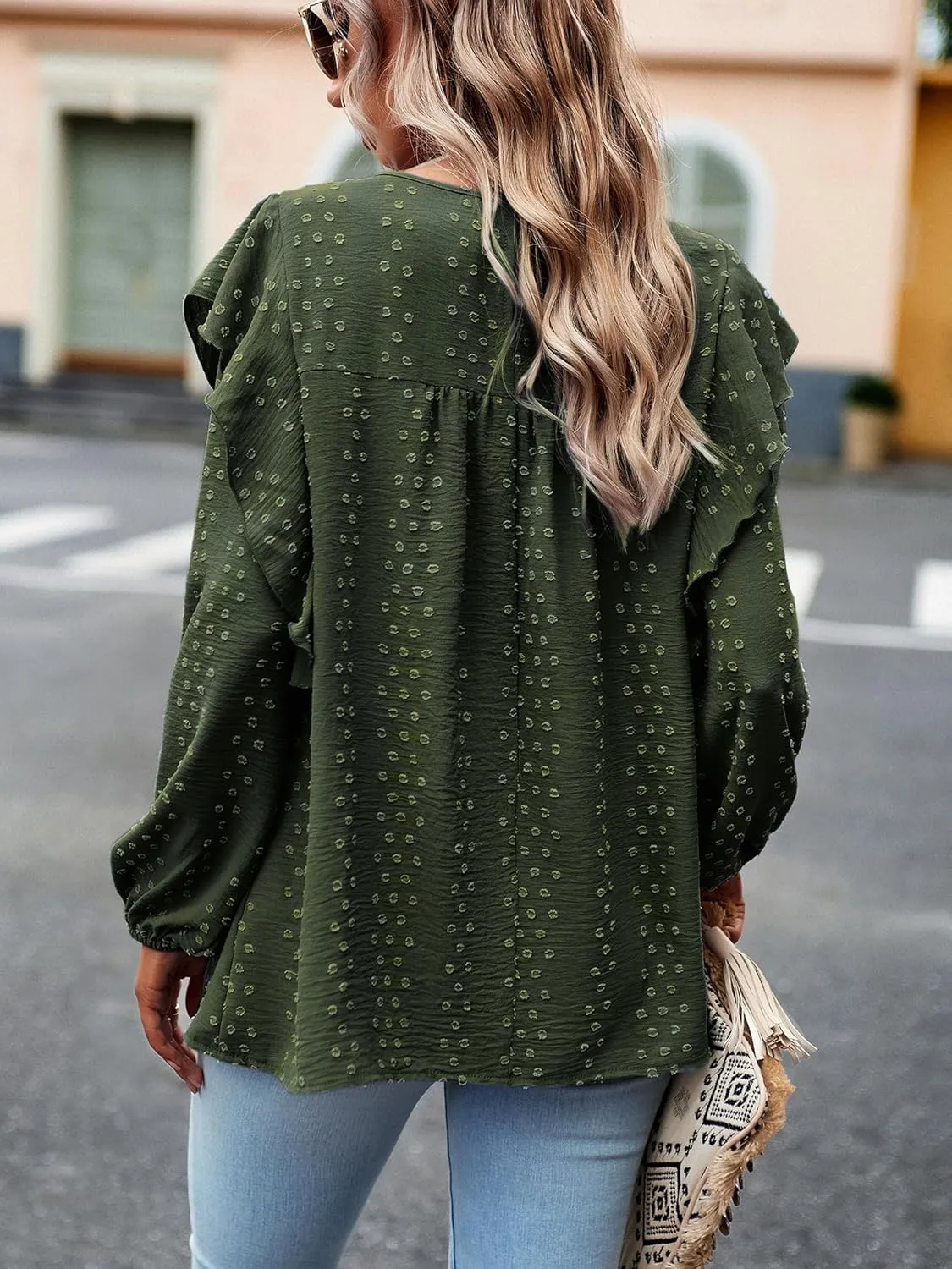 Women's Casual Tops Crewneck Lace Crochet Flowy Ruffle Shoulder Long Sleeve Blouses Shirts