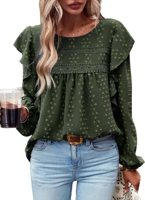 Women's Casual Tops Crewneck Lace Crochet Flowy Ruffle Shoulder Long Sleeve Blouses Shirts