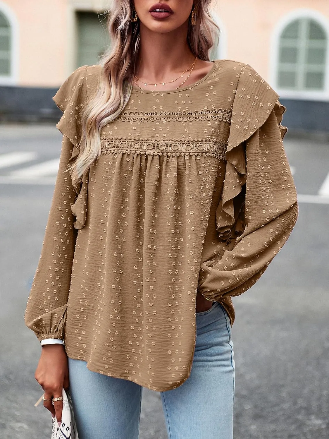 Women's Casual Tops Crewneck Lace Crochet Flowy Ruffle Shoulder Long Sleeve Blouses Shirts