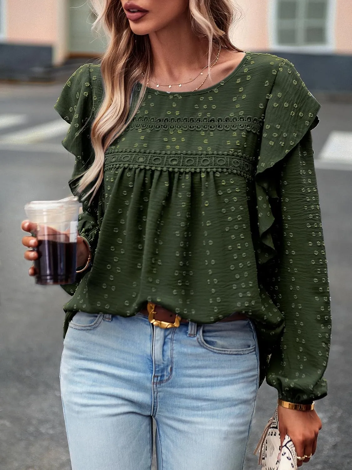 Women's Casual Tops Crewneck Lace Crochet Flowy Ruffle Shoulder Long Sleeve Blouses Shirts