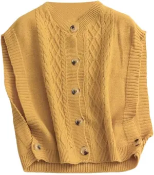 Women's Chunky Cable Knit Sweater Vest Button Down V-Neck Sleeveless Crop Knit Top