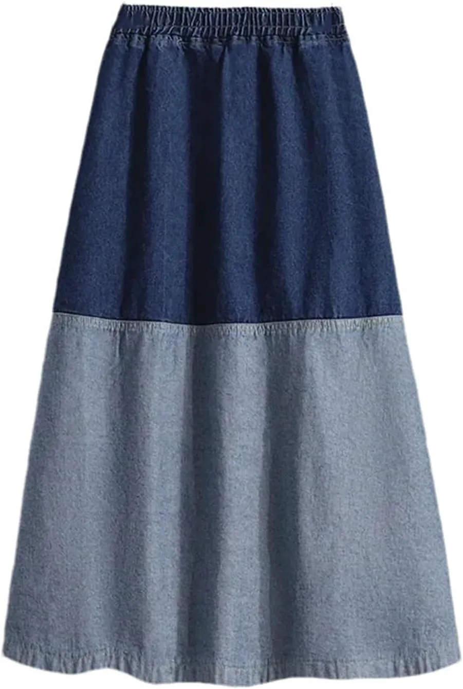 Women's Colorblock A-Line Denim Midi Skirt Elastic Waist Two-Tone Casual Jean Skirt