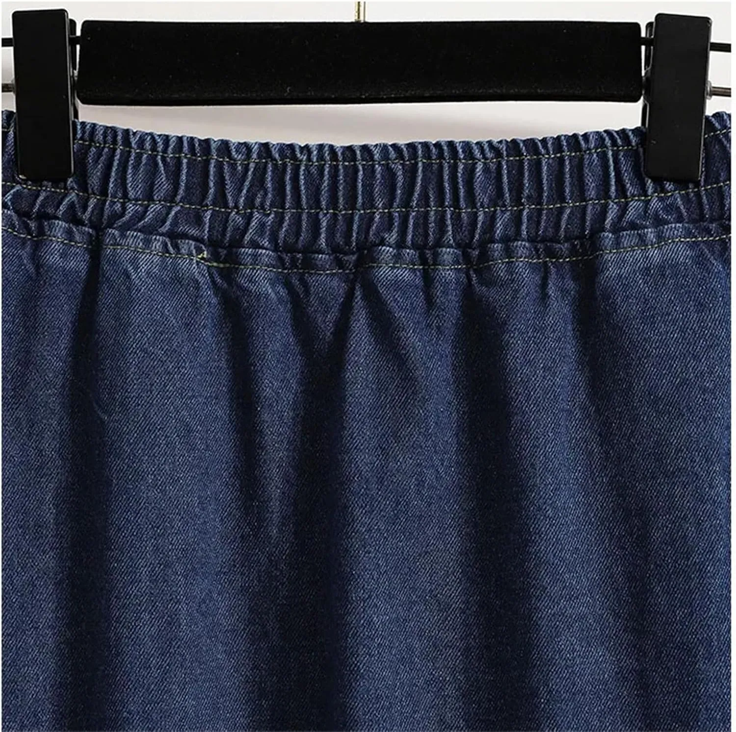 Women's Colorblock A-Line Denim Midi Skirt Elastic Waist Two-Tone Casual Jean Skirt