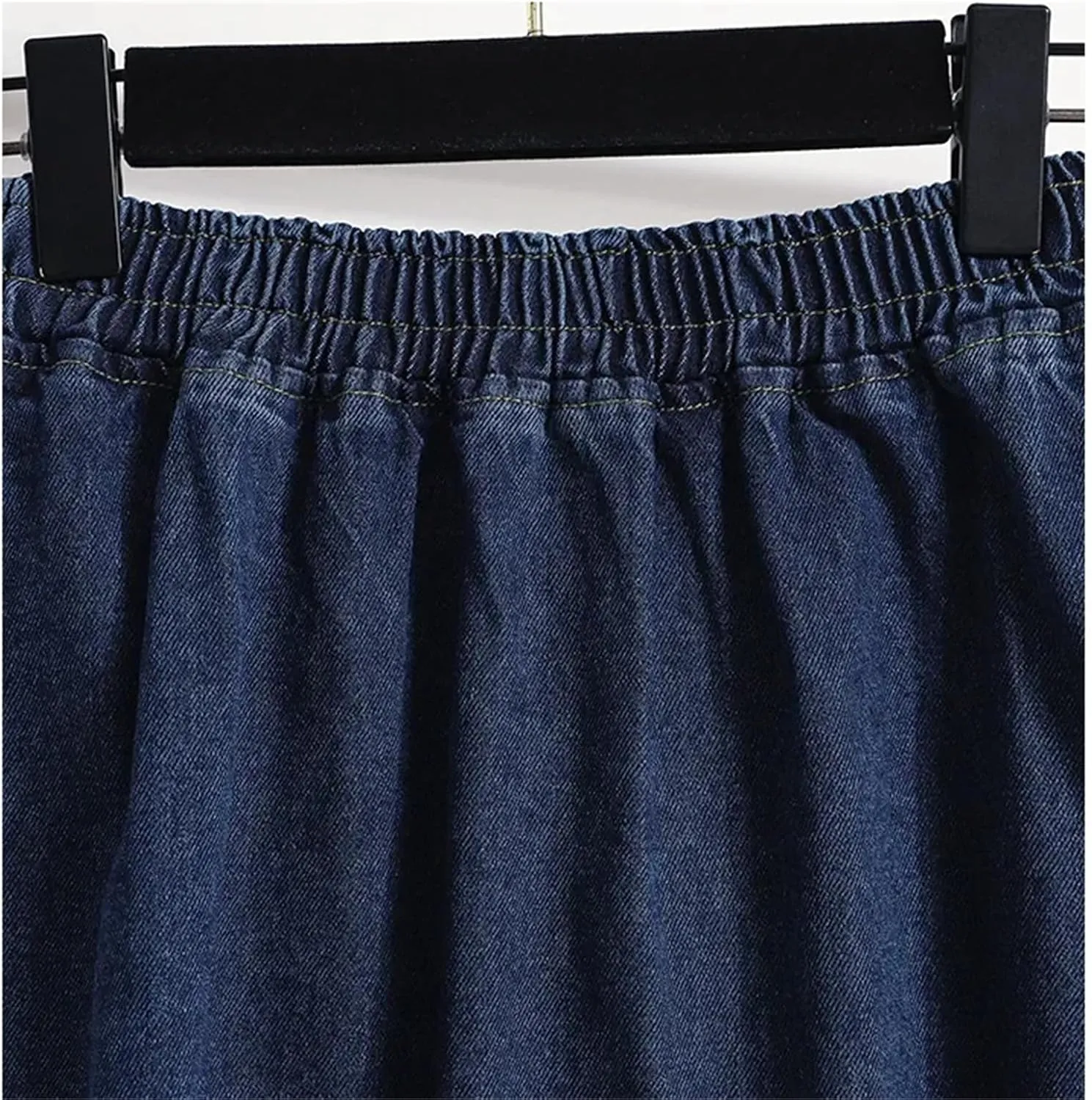 Women's Colorblock A-Line Denim Midi Skirt Elastic Waist Two-Tone Casual Jean Skirt