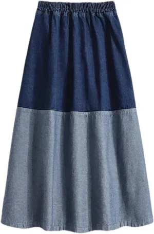 Women's Colorblock A-Line Denim Midi Skirt Elastic Waist Two-Tone Casual Jean Skirt