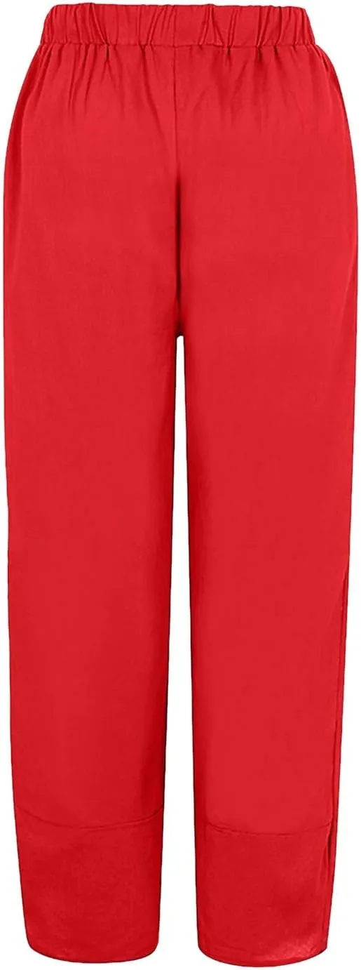 Women's Cotton Linen Casual Pants Summer Elastic High Waist Palazzo Trousers Loose Comfy Beach Trousers Sweatpants