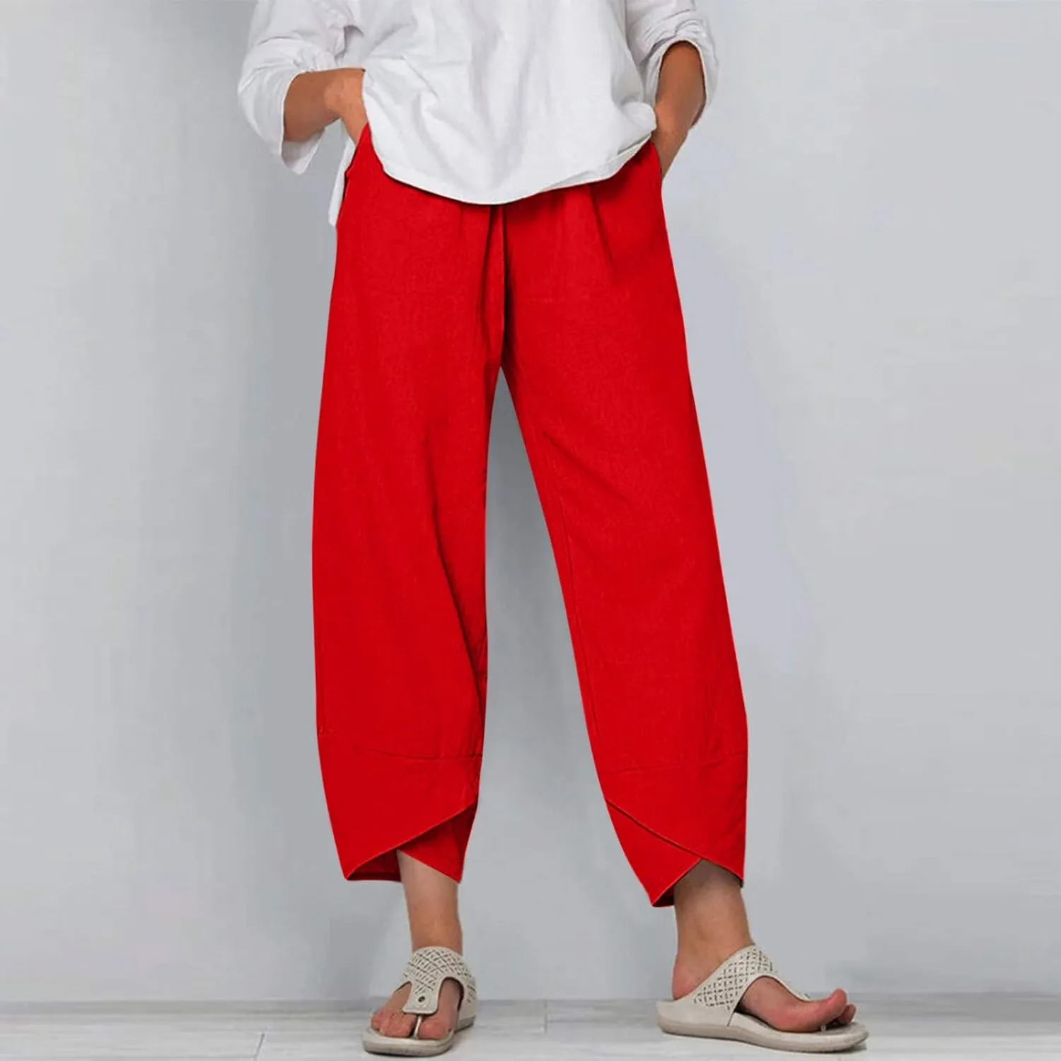Women's Cotton Linen Casual Pants Summer Elastic High Waist Palazzo Trousers Loose Comfy Beach Trousers Sweatpants