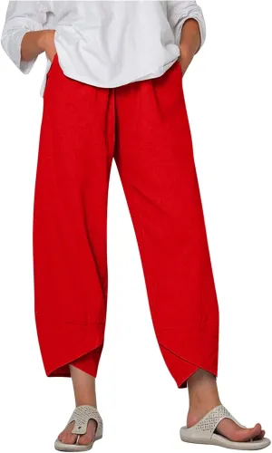 Women's Cotton Linen Casual Pants Summer Elastic High Waist Palazzo Trousers Loose Comfy Beach Trousers Sweatpants