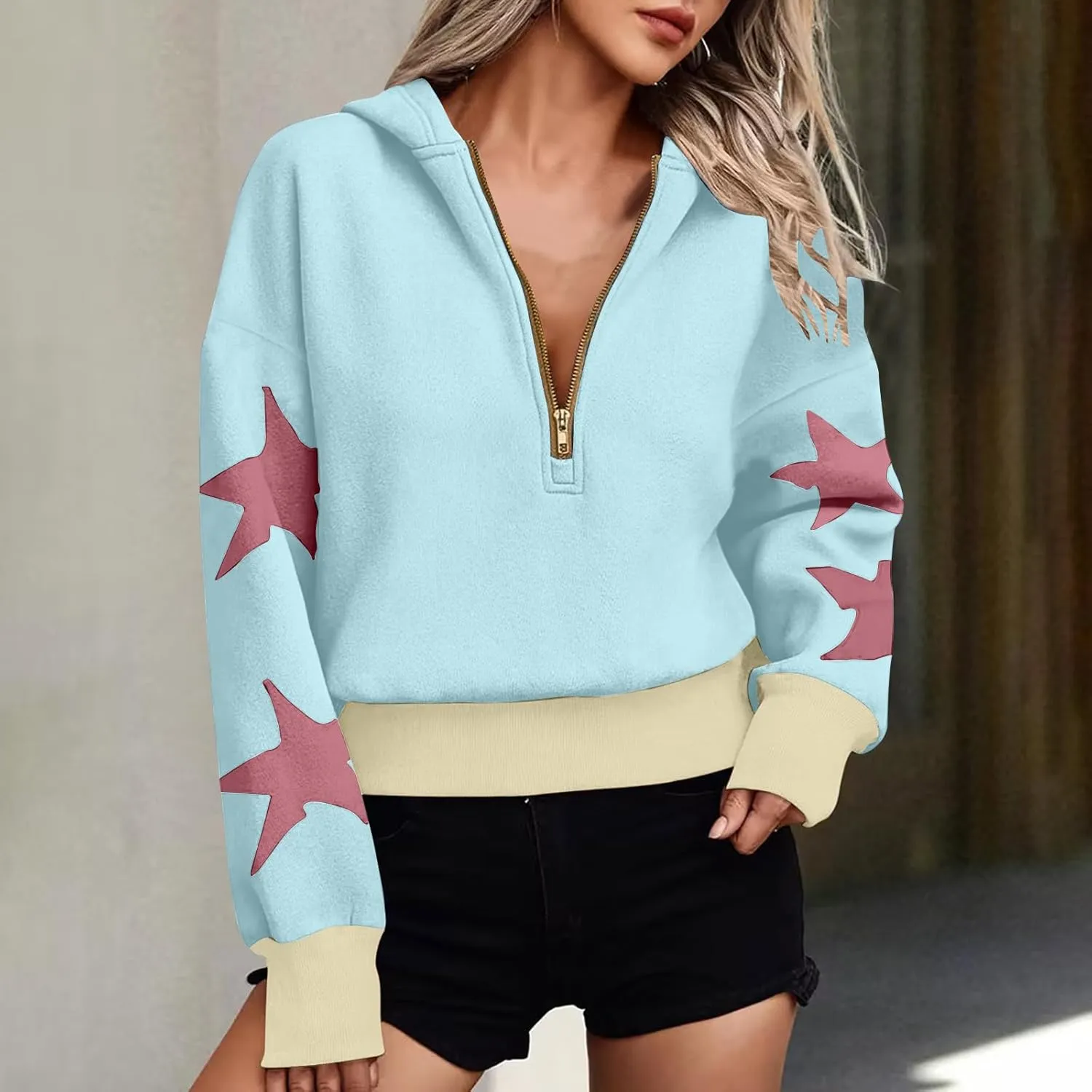 Womens Cropped Oversized Hoodies Long Sleeve Half Zip Pullover Sweatshirts 2024 Fashion Outfits Cute Y2K Clothes