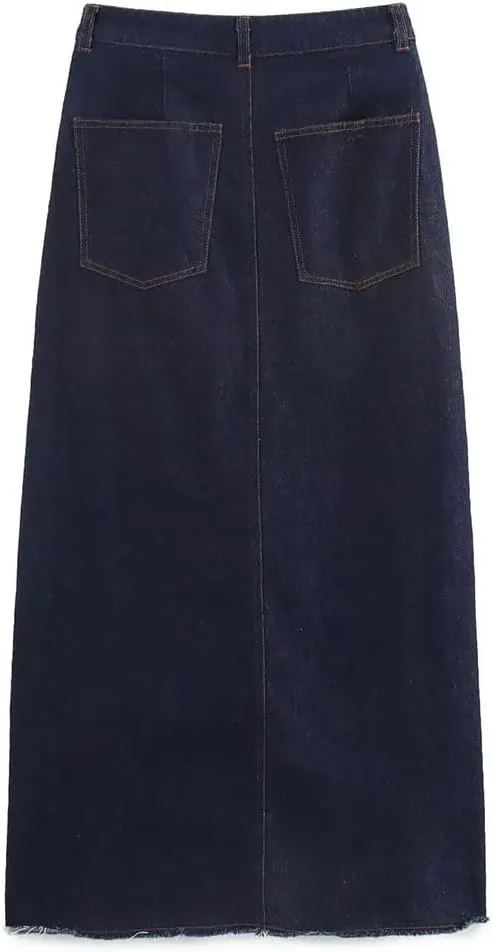Women's Dark Blue High Waist Denim Midi Skirt Front Slit Button Classic Pockets Versatile Jeans Skirts