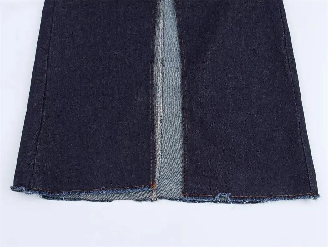 Women's Dark Blue High Waist Denim Midi Skirt Front Slit Button Classic Pockets Versatile Jeans Skirts