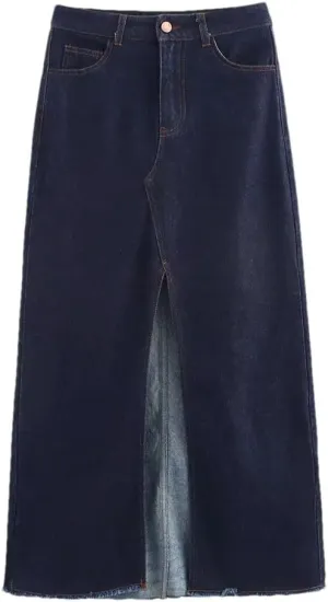 Women's Dark Blue High Waist Denim Midi Skirt Front Slit Button Classic Pockets Versatile Jeans Skirts