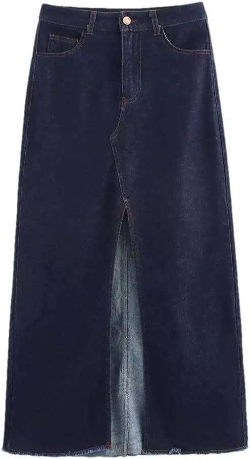 Women's Dark Blue High Waist Denim Midi Skirt Front Slit Button Classic Pockets Versatile Jeans Skirts