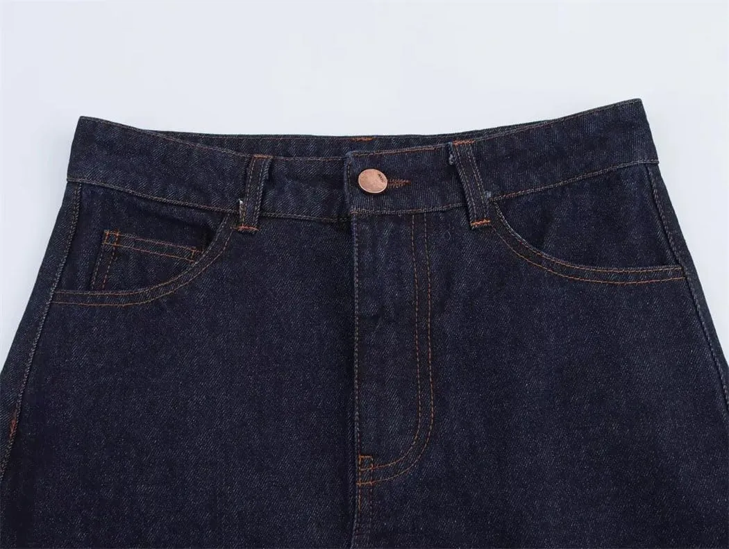 Women's Dark Blue High Waist Denim Midi Skirt Front Slit Button Classic Pockets Versatile Jeans Skirts