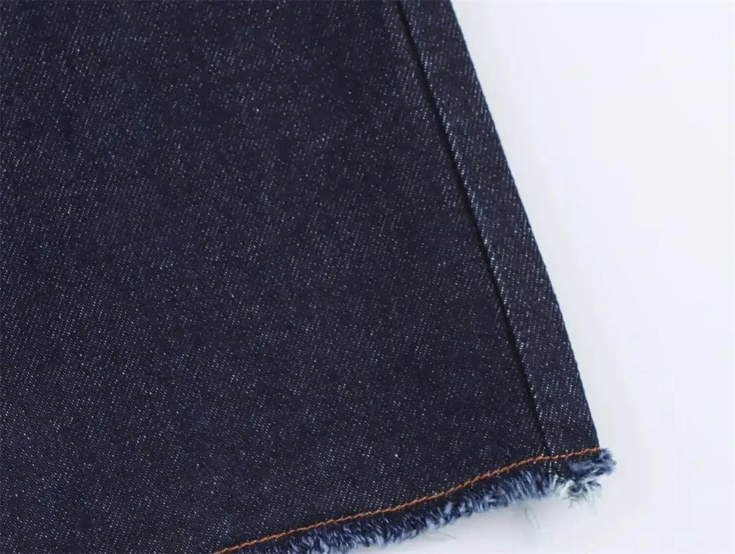 Women's Dark Blue High Waist Denim Midi Skirt Front Slit Button Classic Pockets Versatile Jeans Skirts