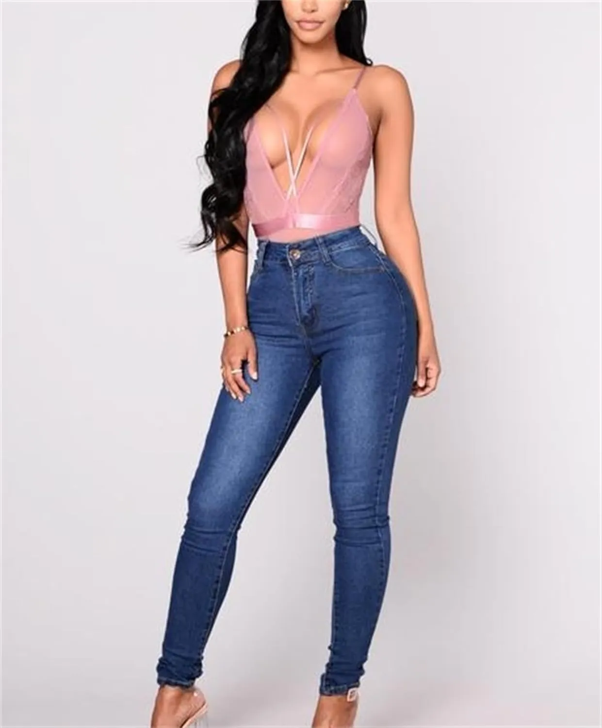 Womens Elastic Jean Leggings Jeggings, Women's Stretch Denim Leggings with Pockets, Mid-Rise Stretch Pull-On Jegging