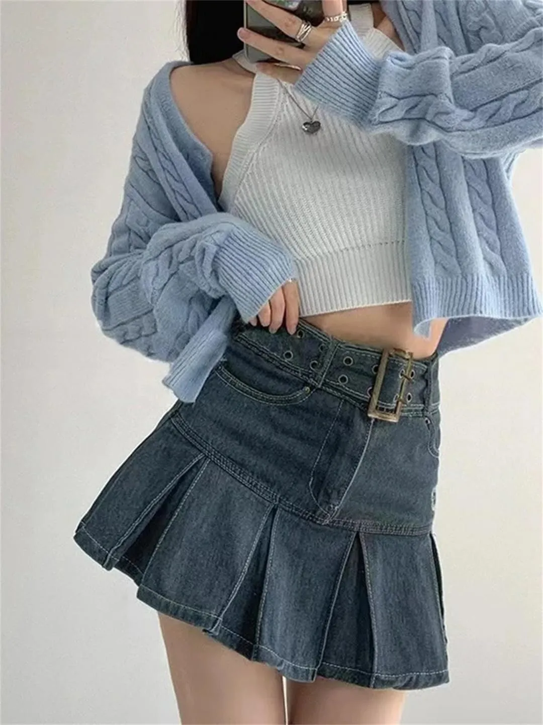Women's Embroider Denim Skirt Clothing Spring and Summer Retro Pleated Skirt Look Slimmer Mini Skirt