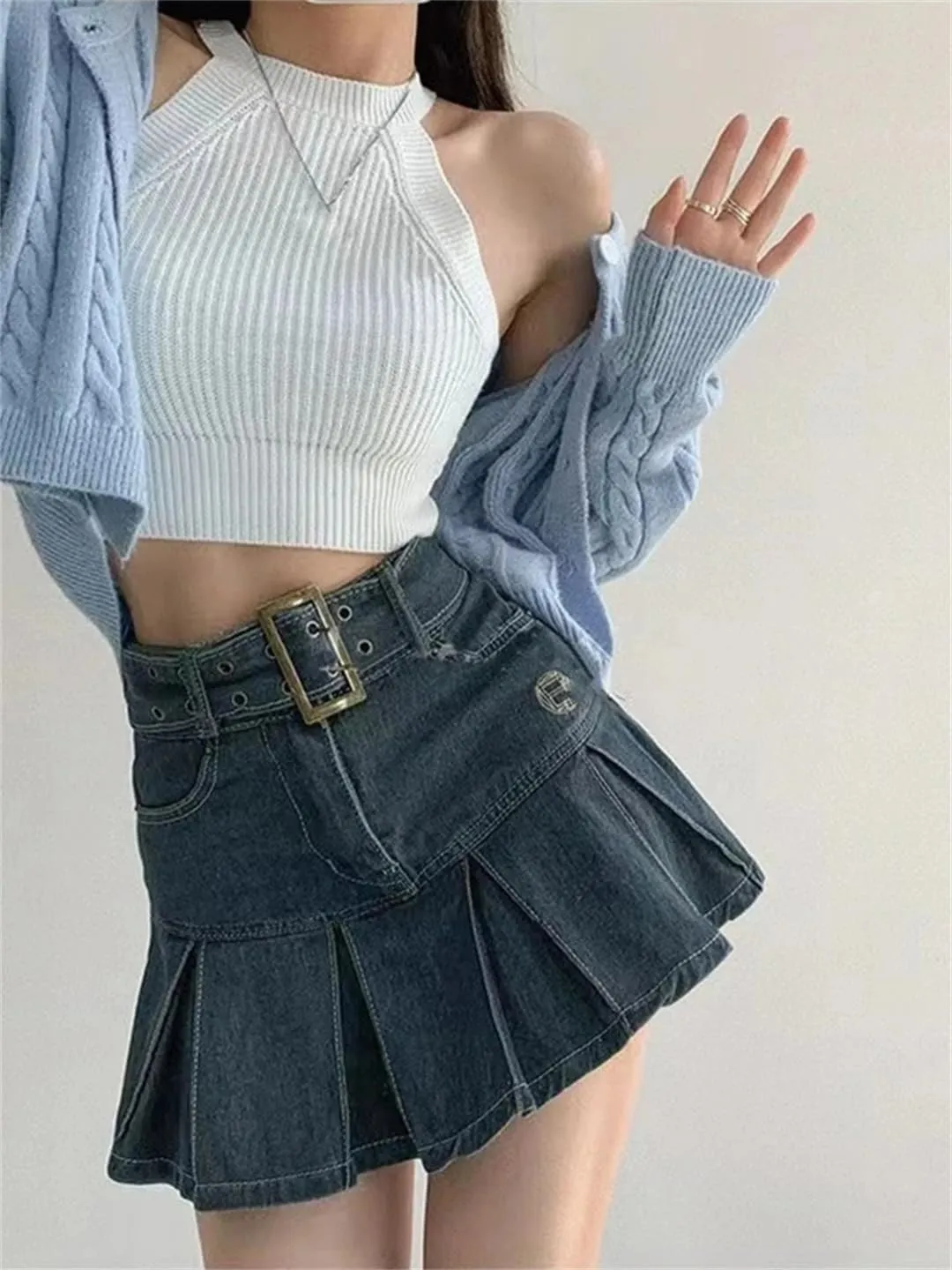 Women's Embroider Denim Skirt Clothing Spring and Summer Retro Pleated Skirt Look Slimmer Mini Skirt