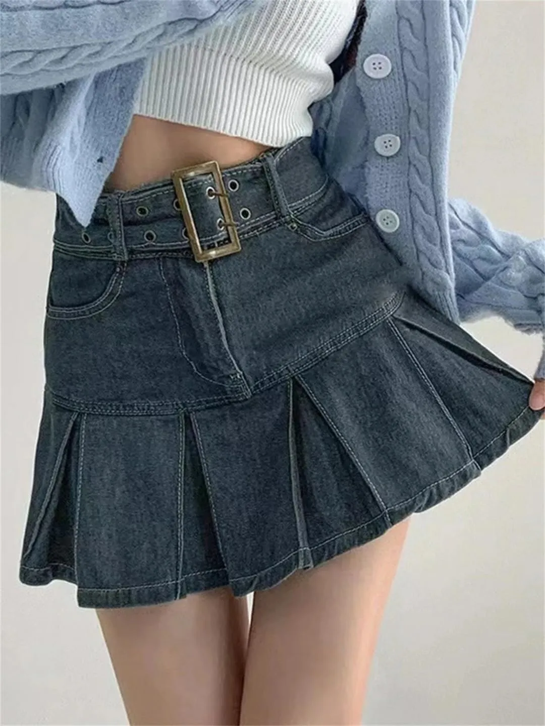 Women's Embroider Denim Skirt Clothing Spring and Summer Retro Pleated Skirt Look Slimmer Mini Skirt