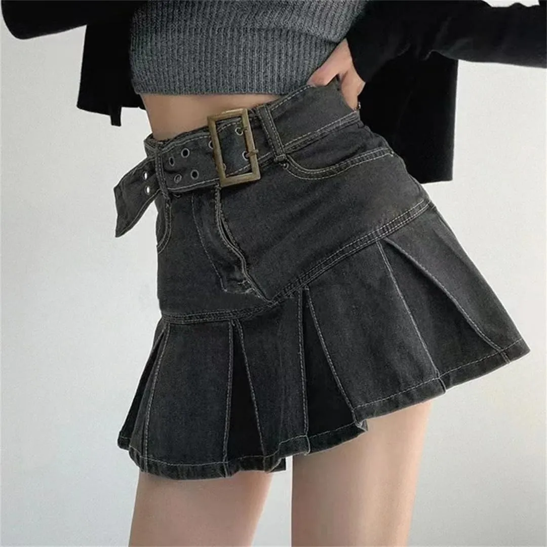 Women's Embroider Denim Skirt Clothing Spring and Summer Retro Pleated Skirt Look Slimmer Mini Skirt