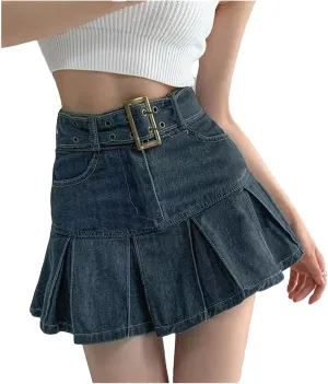 Women's Embroider Denim Skirt Clothing Spring and Summer Retro Pleated Skirt Look Slimmer Mini Skirt
