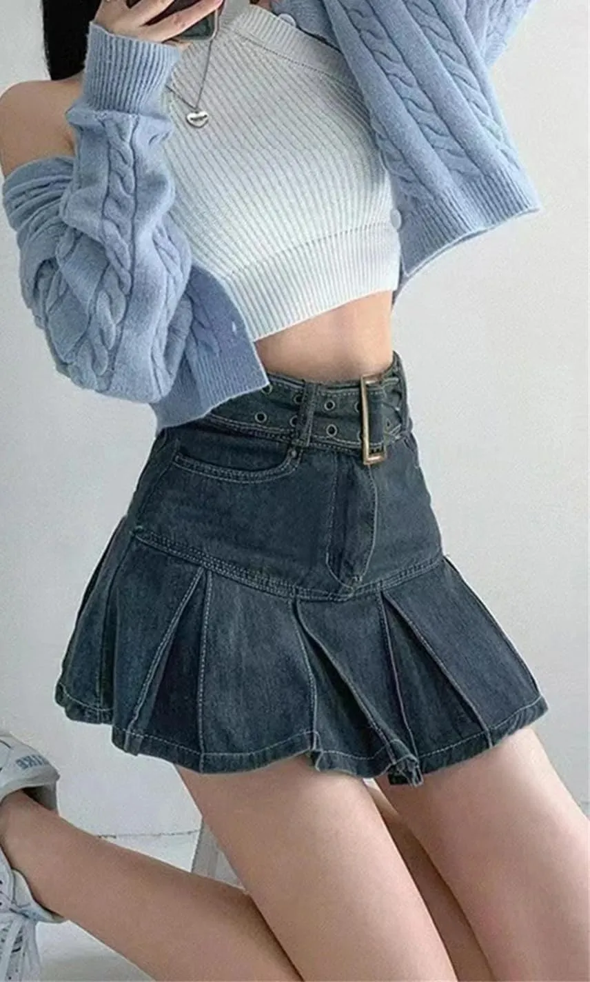 Women's Embroider Denim Skirt Clothing Spring and Summer Retro Pleated Skirt Look Slimmer Mini Skirt