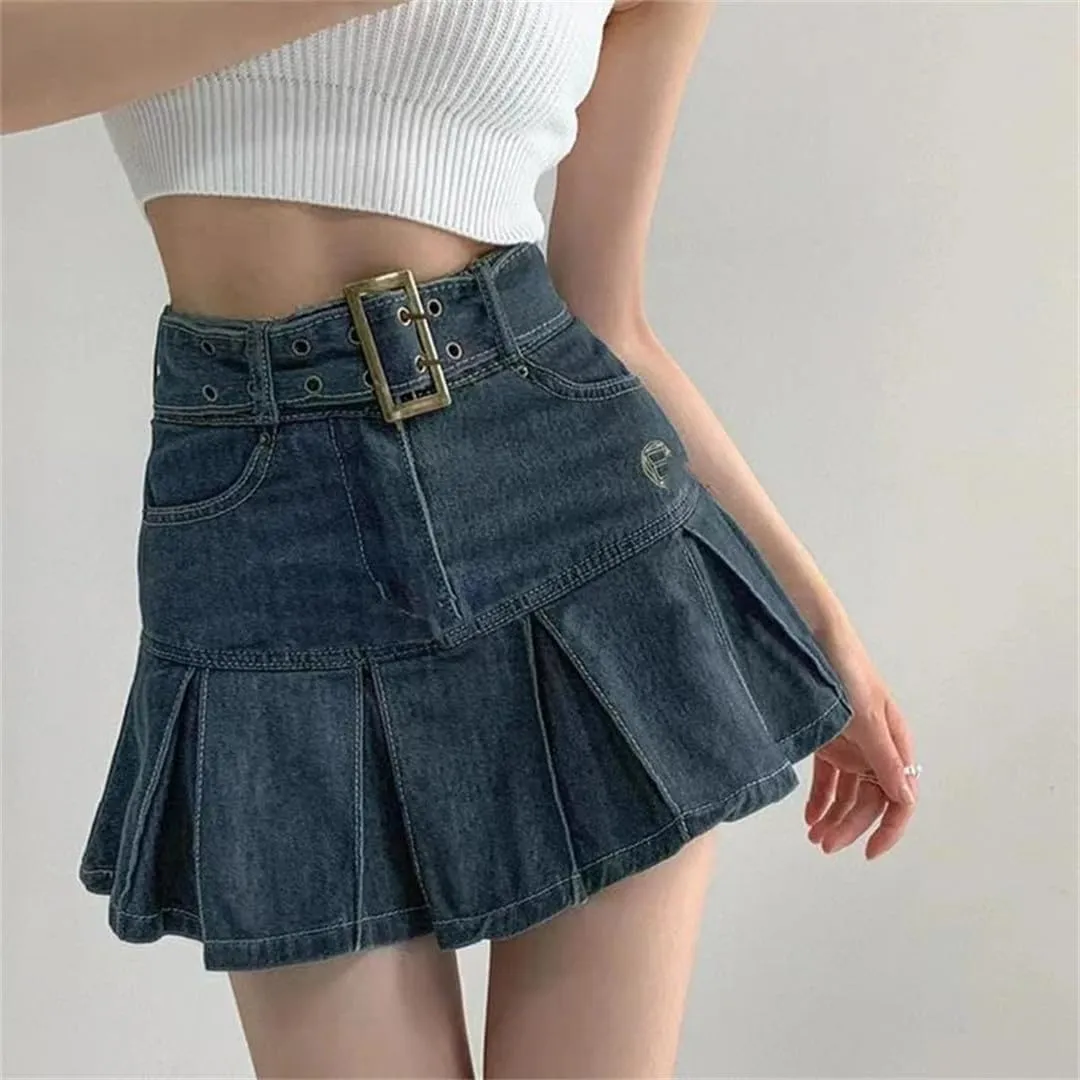 Women's Embroider Denim Skirt Clothing Spring and Summer Retro Pleated Skirt Look Slimmer Mini Skirt