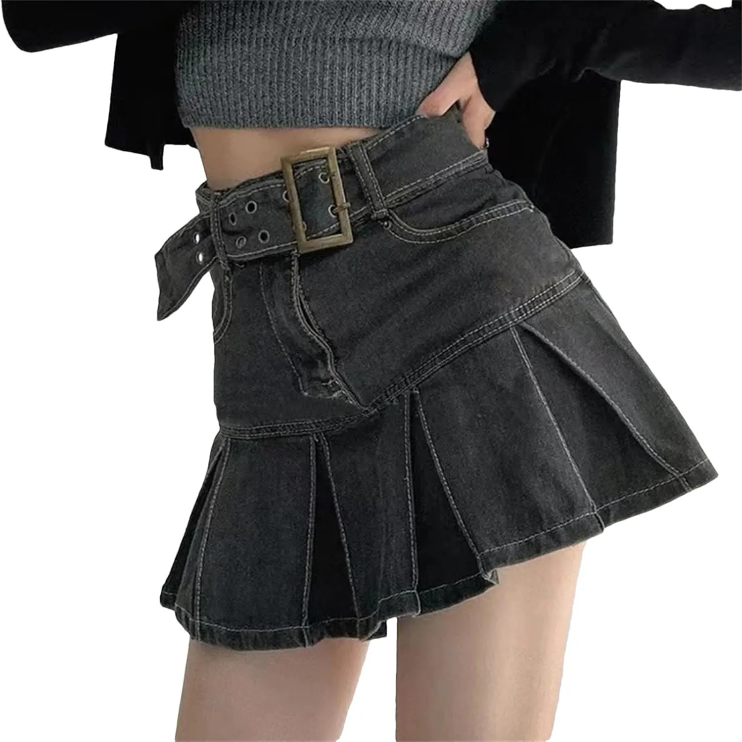 Women's Embroider Denim Skirt Clothing Spring and Summer Retro Pleated Skirt Look Slimmer Mini Skirt