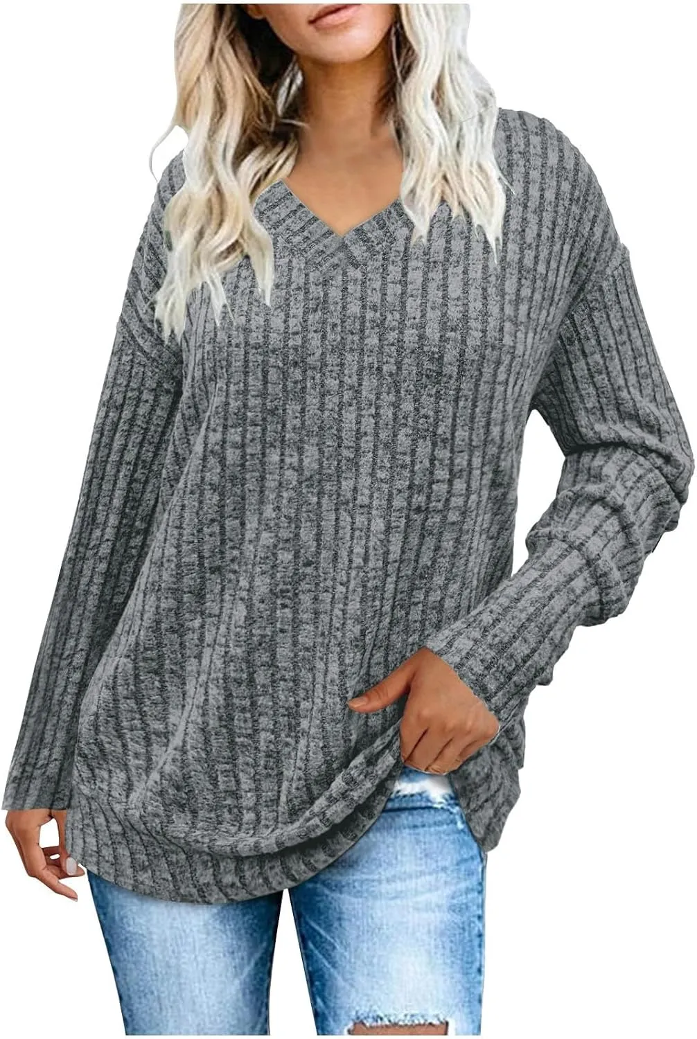 Women's Fall Tops 2024 Fashion V Neck Long Sleeve Shirts Blouse Knitted Casual Pullover Sweater Cozy Going Out Tops