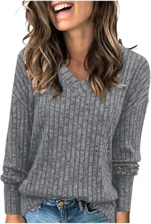 Women's Fall Tops 2024 Fashion V Neck Long Sleeve Shirts Blouse Knitted Casual Pullover Sweater Cozy Going Out Tops