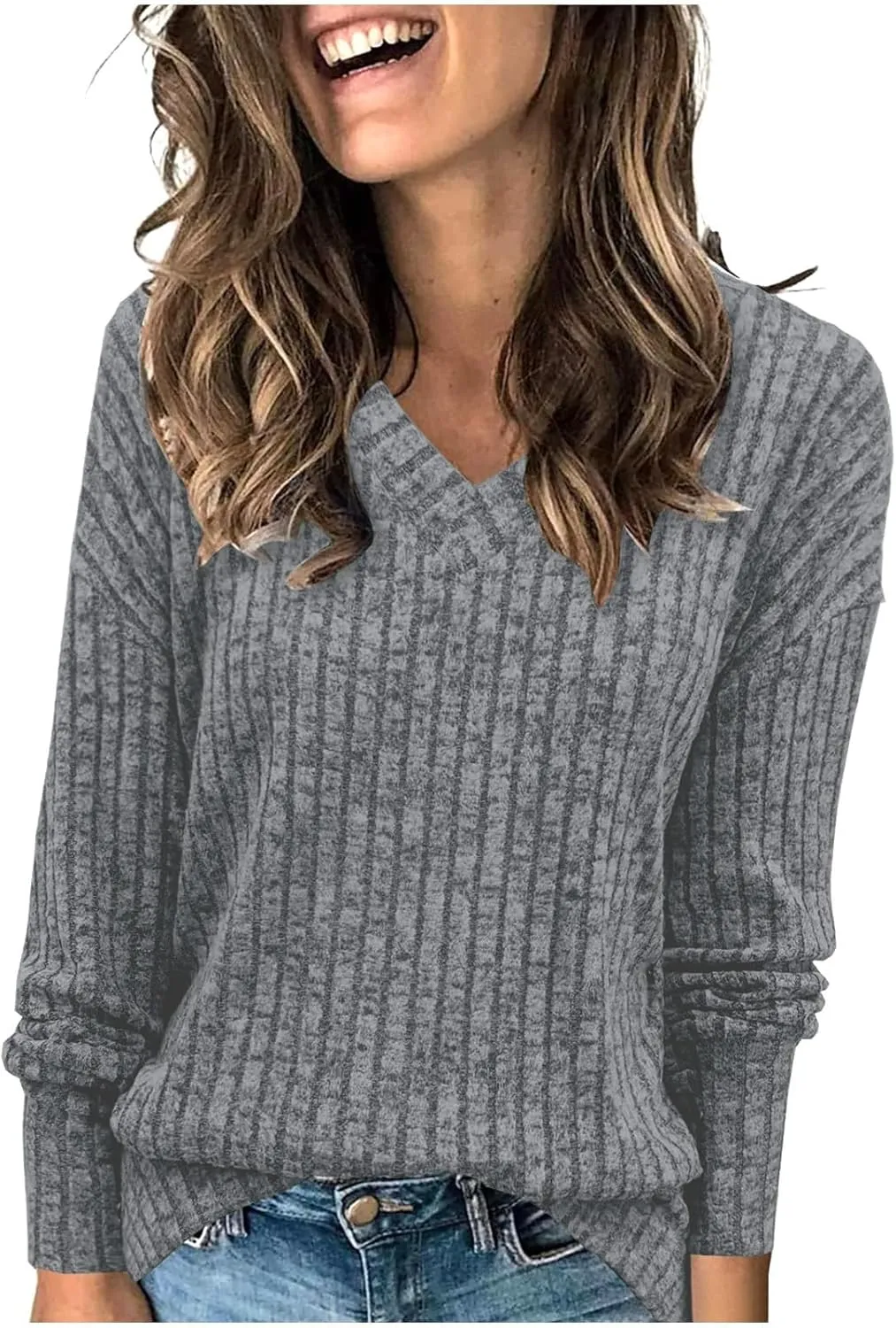 Women's Fall Tops 2024 Fashion V Neck Long Sleeve Shirts Blouse Knitted Casual Pullover Sweater Cozy Going Out Tops