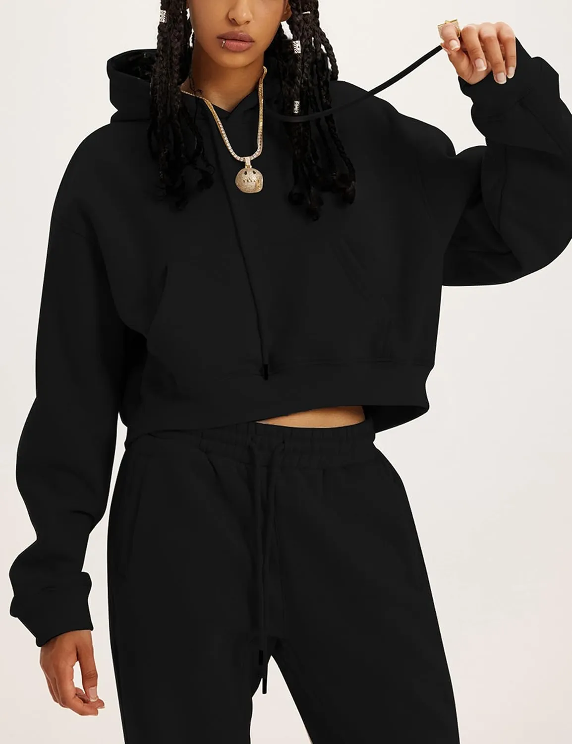 Womens Fleece 2 Piece Outfits Sweatsuit Crop Hooded Pullover Sweatshirt Top Jogger Sweatpants Tracksuits Set