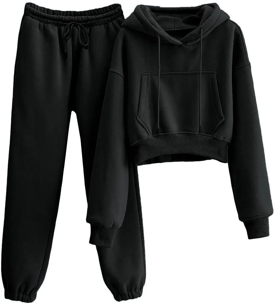 Womens Fleece 2 Piece Outfits Sweatsuit Crop Hooded Pullover Sweatshirt Top Jogger Sweatpants Tracksuits Set