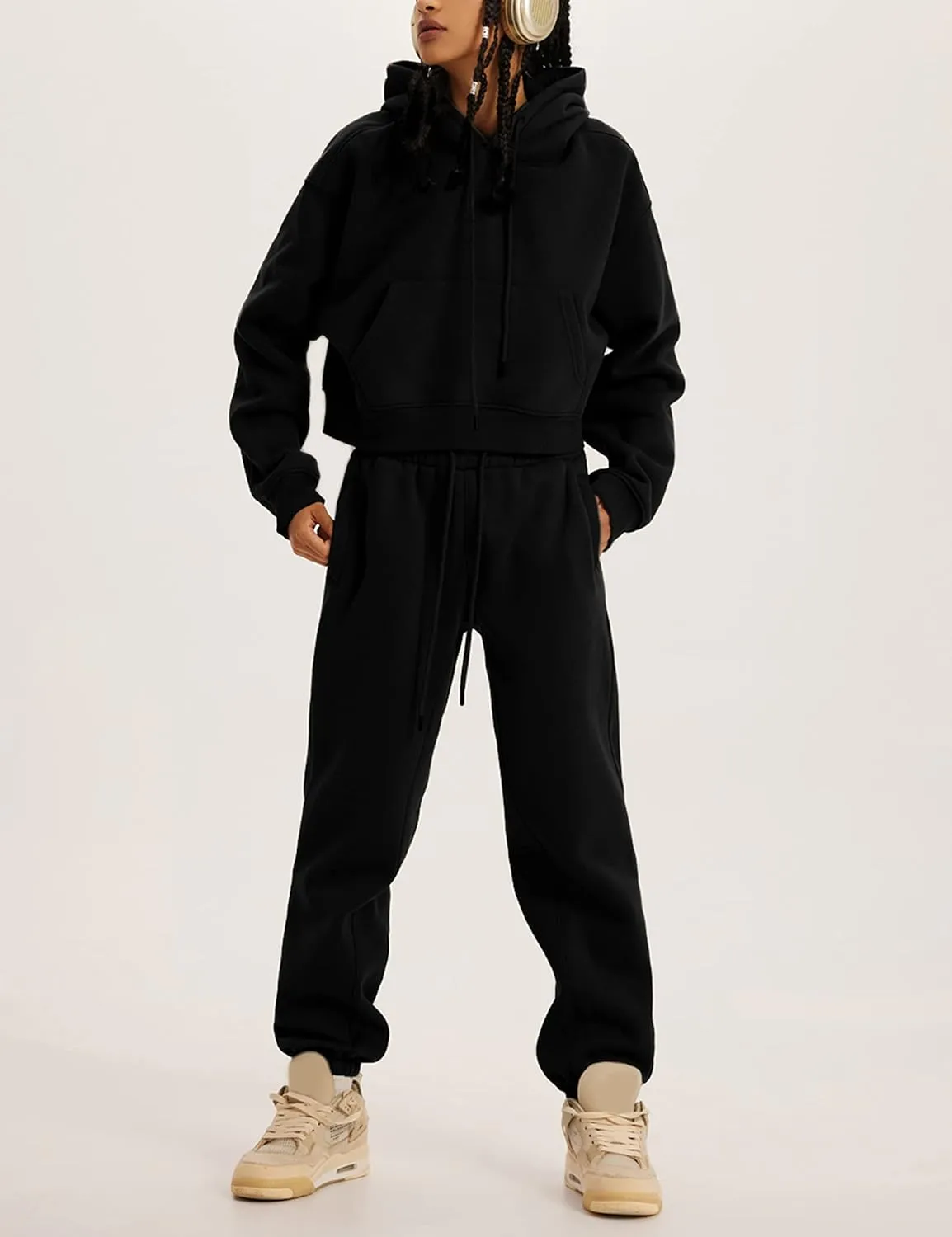 Womens Fleece 2 Piece Outfits Sweatsuit Crop Hooded Pullover Sweatshirt Top Jogger Sweatpants Tracksuits Set