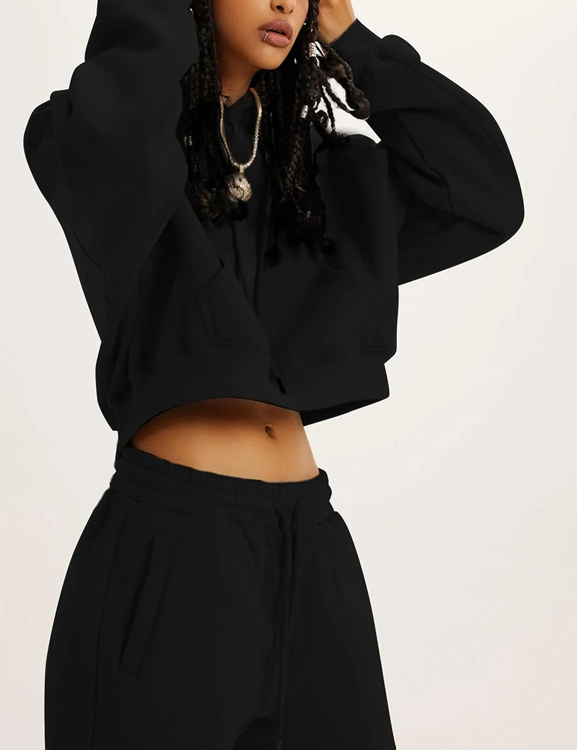 Womens Fleece 2 Piece Outfits Sweatsuit Crop Hooded Pullover Sweatshirt Top Jogger Sweatpants Tracksuits Set
