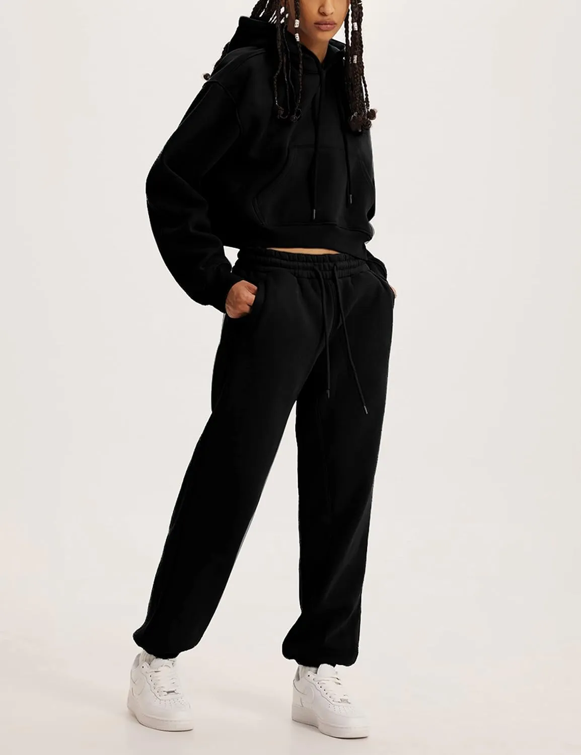 Womens Fleece 2 Piece Outfits Sweatsuit Crop Hooded Pullover Sweatshirt Top Jogger Sweatpants Tracksuits Set