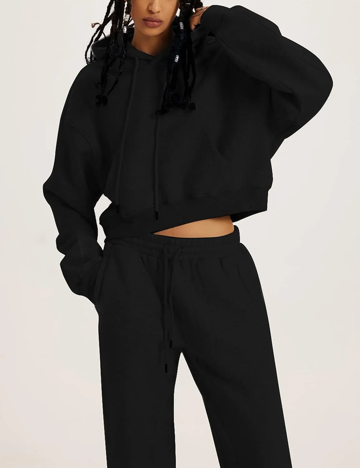 Womens Fleece 2 Piece Outfits Sweatsuit Crop Hooded Pullover Sweatshirt Top Jogger Sweatpants Tracksuits Set