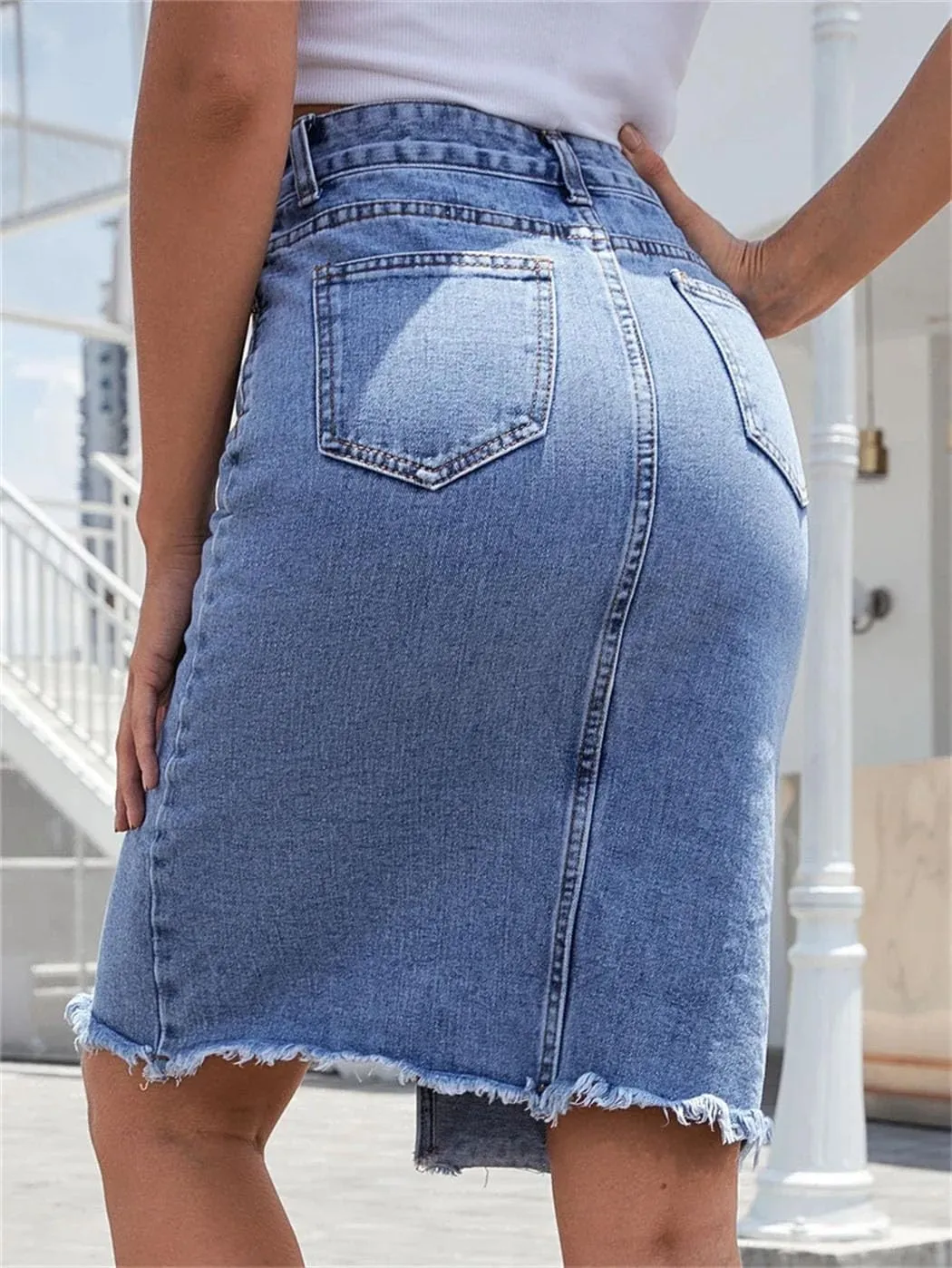 Women's Front Slit Blue Denim Skirt Pockets High Waist Slim Midi Skirts 2025 Spring Casual Streetwear