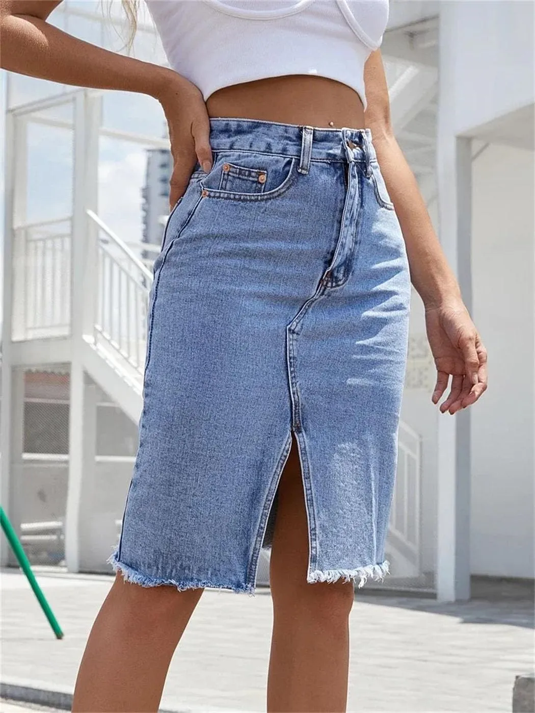 Women's Front Slit Blue Denim Skirt Pockets High Waist Slim Midi Skirts 2025 Spring Casual Streetwear